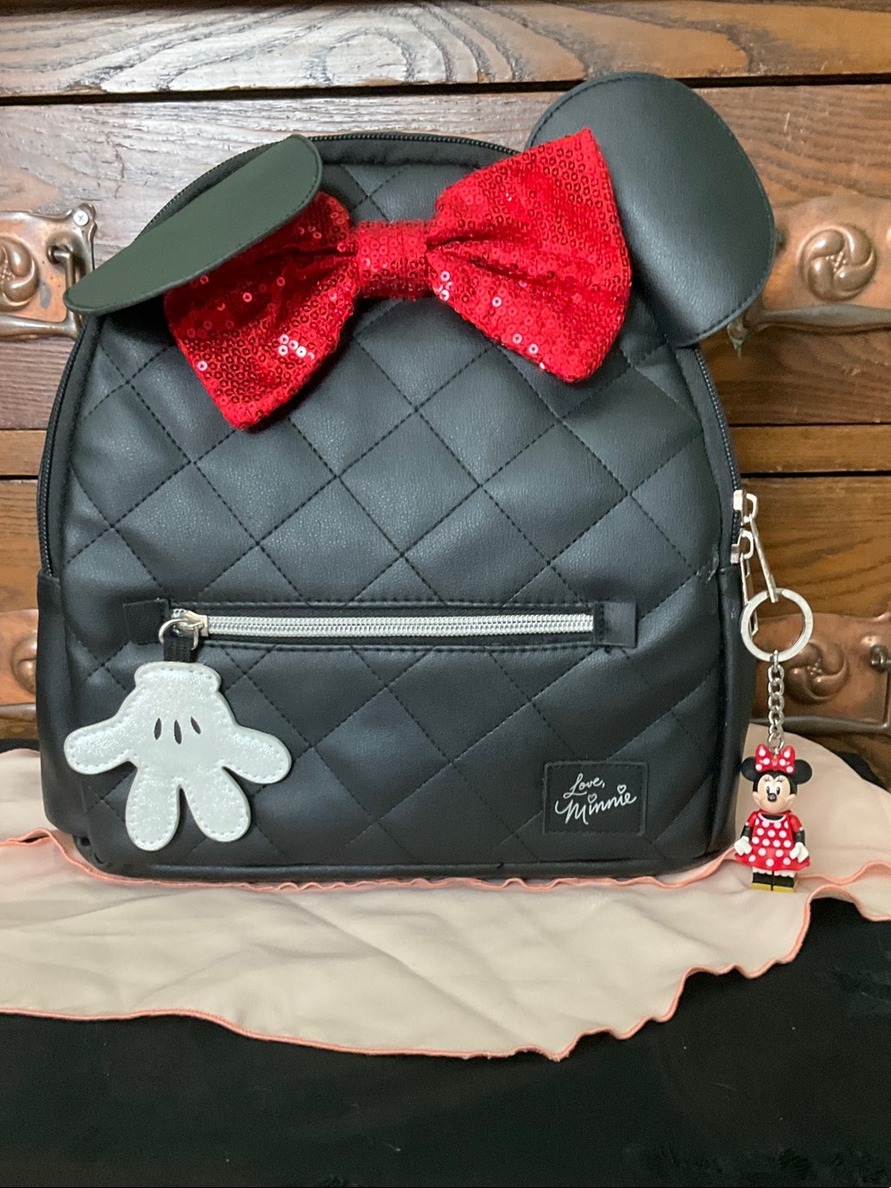 Disney Minnie Mouse Black Quilted Backpack with Red Sequin Bow